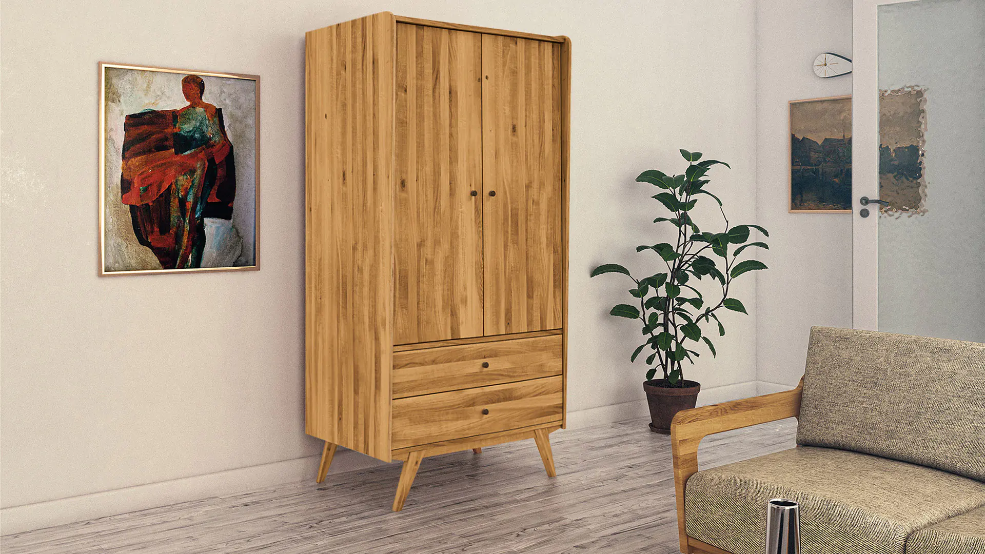 Armoire Lasala, 2 portes avec tiroirs, en chêne sauvage, finition à l'huile